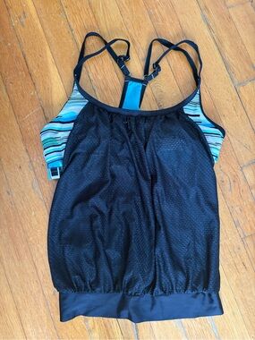 Black Tankini Swim Top with Aqua Stripe Accents